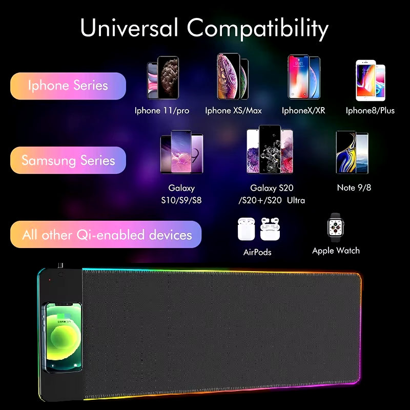 XXL RGB Mouse Pad with wireless charging phone rest