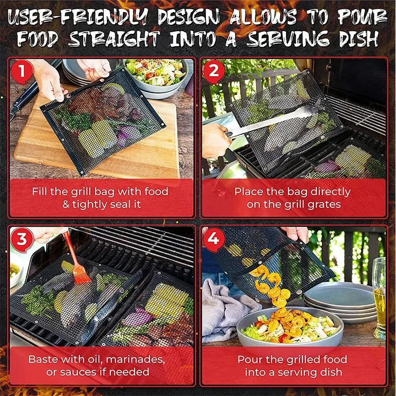 Premium Reusable PTFE Mesh Grill Bags - Non-Stick BBQ Bags for Charcoal and Gas Smokers