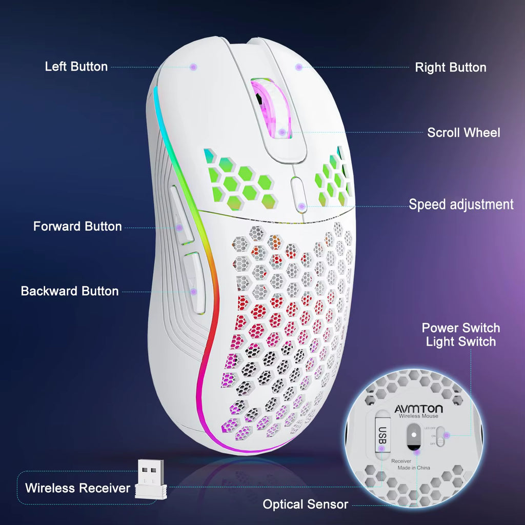 Wireless Gaming Mouse - RGB Honeycomb Design