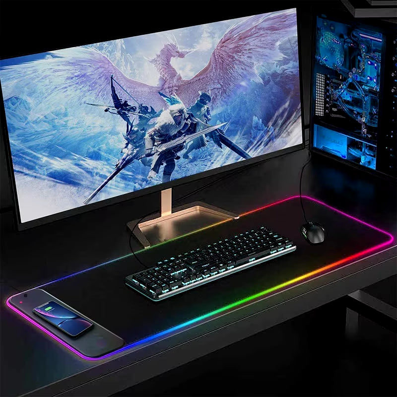 XXL RGB Mouse Pad with wireless charging phone rest